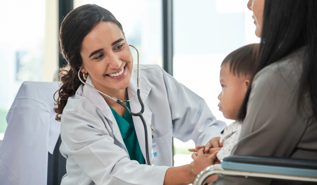 public healthcare worker doing a check up on a young child