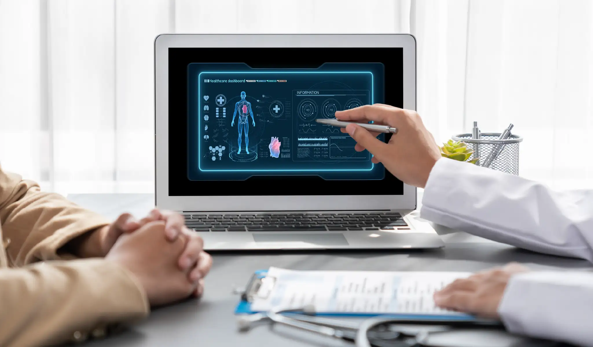 Doctor meeting with a patient using AI to help diagnose.